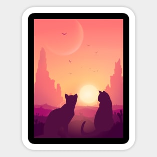 Cat Watching Sunset Scene Sticker